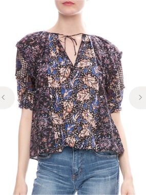 Ulla Johnson Arusi Floral Tie-Neck Short Sleeve Blouse size 4